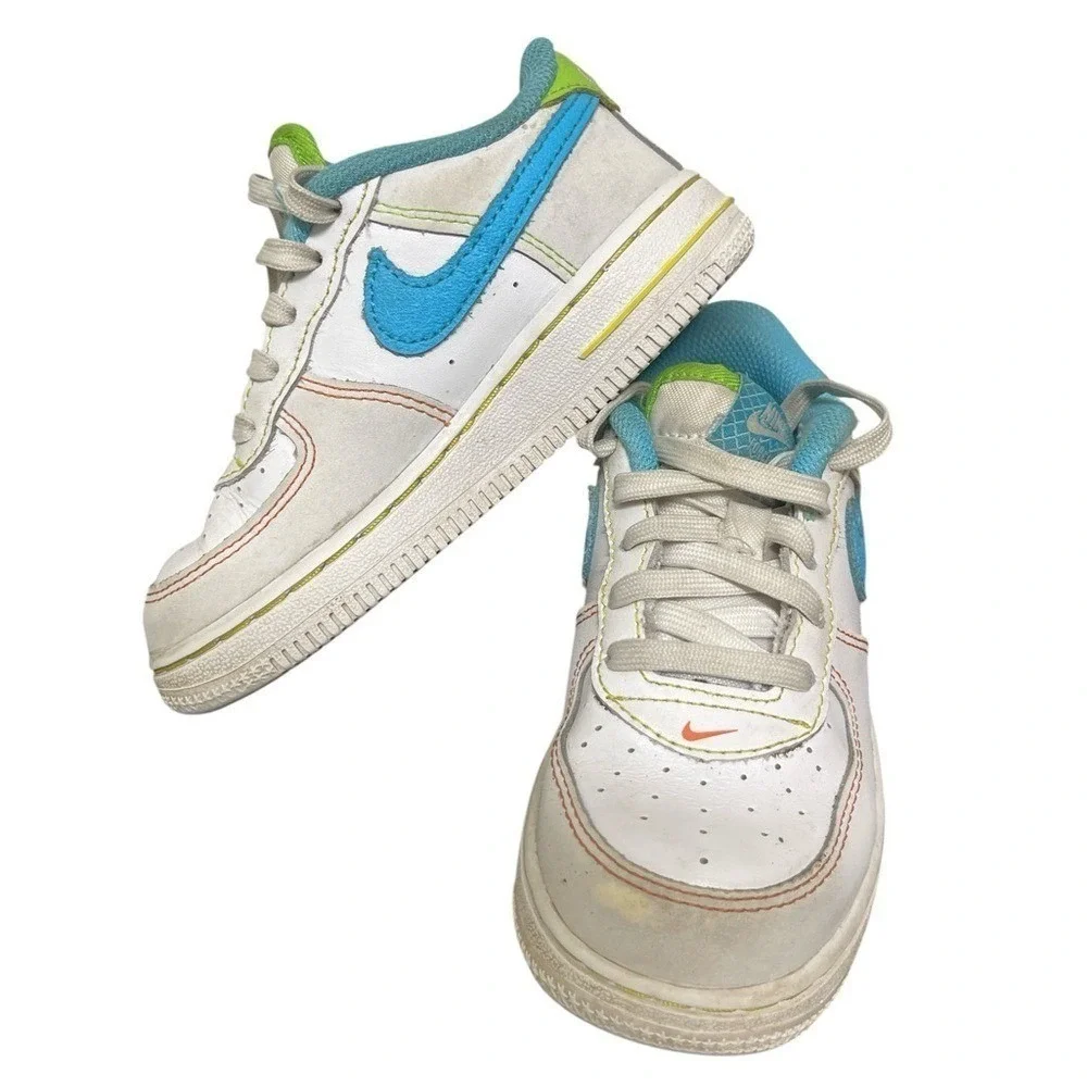 Nike Air Force 1 Low Kids 9C White Blue Green FJ4811-100 Contrast Stitch